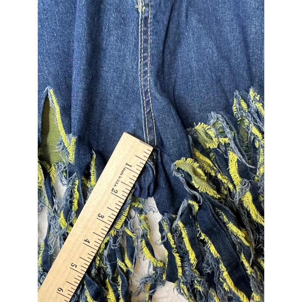 NWT Elocan Luxe Boutique Distressed Denim Fringe Shorts Blue Yellow Festival